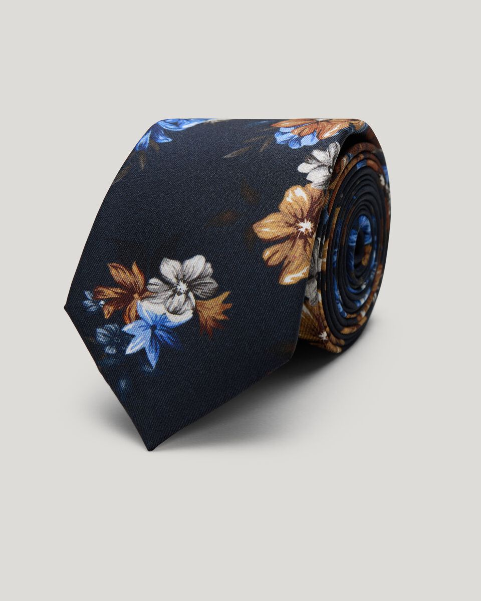 Floral Print Silk Tie, Navy/Tan, hi-res